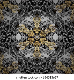 Vector golden mehndi seamless pattern. Ornamental floral elements with henna tattoo, golden stickers, mehndi and yoga design, cards and prints. Pattern on gray background with golden elements.