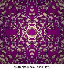 Vector golden mehndi seamless pattern. Ornamental floral elements with henna tattoo, golden stickers, mehndi and yoga design, cards and prints. Pattern on magenta background with golden elements.