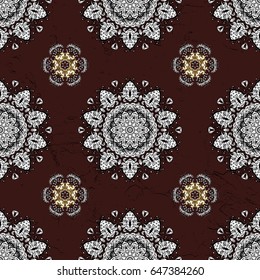 Vector golden mehndi seamless pattern. Ornamental floral elements with henna tattoo, golden stickers, mehndi and yoga design, cards and prints. Pattern on brown background with golden elements.