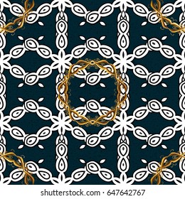 Vector golden mehndi seamless pattern. Ornamental floral elements. Pattern on blue background with golden elements.