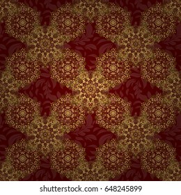 Vector golden mehndi seamless pattern on red. Traditional Indian style, ornamental golden elements with henna tattoo, golden stickers, mehndi and yoga design, cards and prints.