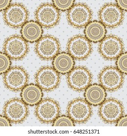 Vector golden mehndi seamless pattern on gray. Traditional Indian style, ornamental golden elements with henna tattoo, golden stickers, mehndi and yoga design, cards and prints.