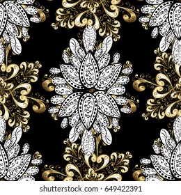 Vector golden mehndi seamless pattern. Ornamental floral elements with henna tattoo, golden stickers, mehndi and yoga design, cards and prints. Pattern on black background with golden elements.