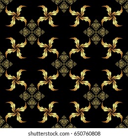 Vector golden mehndi seamless pattern on black. Traditional Indian style, ornamental golden elements with henna tattoo, golden stickers, mehndi and yoga design, cards and prints.