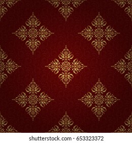 Vector golden mehndi seamless pattern on red. Traditional Indian style, ornamental golden elements with henna tattoo, golden stickers, mehndi and yoga design, cards and prints.