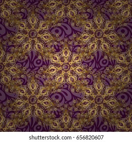 Vector golden mehndi seamless pattern on purple. Traditional Indian style, ornamental golden elements with henna tattoo, golden stickers, mehndi and yoga design, cards and prints.