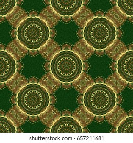 Vector golden mehndi seamless pattern on green. Traditional Indian style, ornamental golden elements with henna tattoo, golden stickers, mehndi and yoga design, cards and prints.