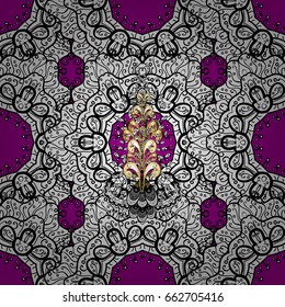 Vector golden mehndi seamless pattern. Ornamental floral elements with henna tattoo, golden stickers, mehndi and yoga design, cards and prints. Pattern on magenta background with golden elements.