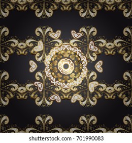 Vector golden mehndi seamless pattern. Ornamental floral elements with henna tattoo, golden stickers, mehndi and yoga design, cards and prints. Pattern on colorful background.