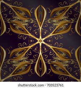 Vector golden mehndi seamless pattern. Ornamental floral elements with henna tattoo, golden stickers, mehndi and yoga design, cards and prints. Pattern on lilac and purple background.