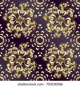 Vector golden mehndi seamless pattern. Ornamental floral elements with henna tattoo, golden stickers, mehndi and yoga design, cards and prints. Pattern on lilac and purple background.