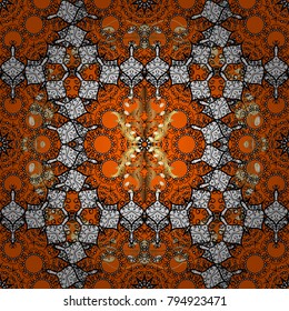 Vector golden mehndi seamless pattern. Ornamental floral elements with henna tattoo, golden stickers, mehndi and yoga design, cards and prints. Pattern on orange colors with golden elements.