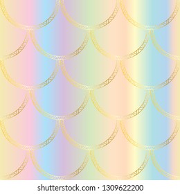 Vector golden mermaid tail texture. Fish scales seamless pattern on rainbow gradient background. Luxury background