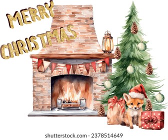 Vector golden Merry christmas text, message, letters, composition with shadow for greeting card, invitation, banner, print. Christmas tree and toys, fireplace, garland, gift, sack, little fox is decor