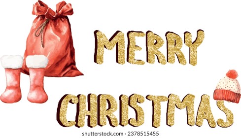 Vector golden Merry christmas text, message, letters, composition with shadow for greeting card, invitation, banner, print. Red knitted hat, red textile sack, felt boots with fur is decorated by gold 