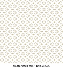 Vector golden mesh seamless pattern. Subtle abstract geometric ornament texture with thin curved lines, delicate mesh, net, grid, lattice, lace. Gold and white luxury background. Repeat design element