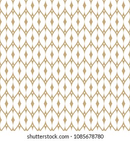 Vector golden mesh seamless pattern. Subtle geometric repeat ornament texture with thin curved lines, delicate net, grid, lattice, lace, fence. Gold and white luxury background. Art deco style design