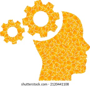Vector golden mind gears mosaic icon. Mind gears is isolated on a white background. Golden items pattern based on mind gears icon. Mosaic mind gears iconic image is made with yellow items.