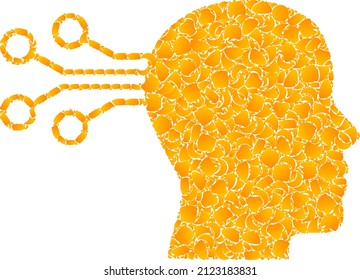 Vector golden mind interface mosaic icon. Mind interface is isolated on a white background. Gold items collage based on mind interface icon.