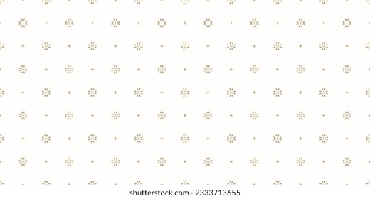 Vector golden minimal floral background. Simple geometric seamless pattern with tiny flower silhouettes, small stars, diamonds. Subtle gold and white abstract texture. Minimal luxury geo design