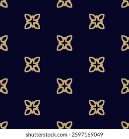 Vector golden minimal floral texture. Abstract minimalist seamless pattern. Elegant gold and black geometric background with flower shapes, stars. Delicate repeat design for decor, textile, print