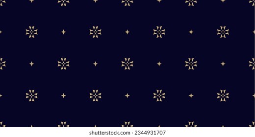 Vector golden minimalist floral background. Simple geometric seamless pattern with tiny flower silhouettes, small stars, diamonds. Subtle black and gold abstract texture. Geo design for decor, print