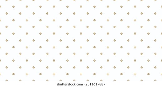 Vector golden minimalist geometric floral ornament. Simple seamless pattern. Ornamental texture with small flower shapes, crosses. Gold and white abstract background. Minimal repeating geo design