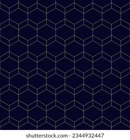 Vector golden minimalist seamless pattern. Simple abstract background with thin lines, hexagonal grid, net, mesh, lattice. Minimal black and gold texture. Modern graphic pattern. Subtle repeat design