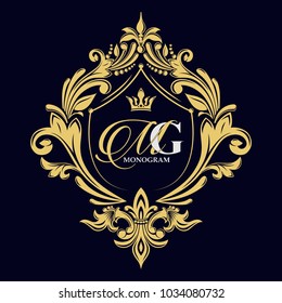 Vector golden monogram. Luxurious decorative frame. Wedding invitation. Elegant lines of calligraphic ornament. Dark background. Business sign, identity for hotel, restaurant, heraldic, boutique