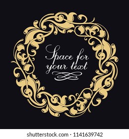 Vector golden monogram. Luxurious decorative frame. Wedding invitation. Elegant lines of calligraphic ornament. Dark background. Heraldic symbols. Business sign, heraldic, boutique, jewelry.

