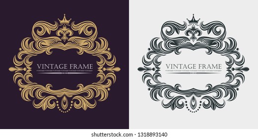 Vector golden monogram. Luxurious decorative frame. Wedding invitation. Elegant lines of calligraphic ornament. Dark and light background. Heraldic symbols. Business sign.