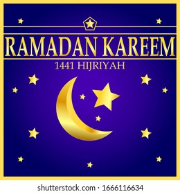 Vector golden moon in blue background, moslem prayer "ramadan kareem" some golden stars, blue background, star golden