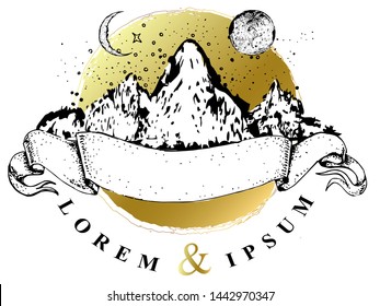 Vector golden mountain ridge logo with moon star constellation and crescent half moon hand drawn in antique retro style