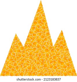 Vector golden mountains mosaic icon. Mountains is isolated on a white background. Golden items mosaic based on mountains icon. Mosaic mountains iconic image is done of yellow items.