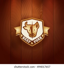 vector golden murder tag on old-fashioned wood texture calf butcher animal classical texture meat ranch knife swine natural killing food wood market treasure pure tool sign bovine cattle rich marketin