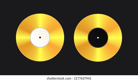 Vector Golden Music Label, Isolated On Background. Gold Record Award. Vinyl Disc Realistic Gradient Illustration. Jukebox Logo. Best Music Album CD. Song Bronze Medal. Circle Classic Vinyl, Top View