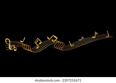 Vektorgoldene Musiknote und Wellenlinie, Partitur auf schwarzem Hintergrund

