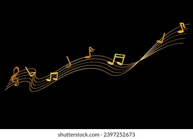 vector golden musical note and waving line, partitur at black background
