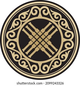 Vector golden national Kazakh circle, shanyrak. Yurt decoration. Round pattern of the nomadic peoples of the great steppe, Kyrgyz, Mongols, Kalmyks, Buryats. Ethnic ornament of the Turkic tribes.
