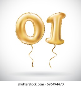 Vector Golden Number 01 Zero One Metallic Balloon. Party Decoration Golden Balloons. Anniversary Sign For Happy Holiday, Celebration, Birthday, Carnival, New Year. Art