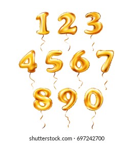 vector Golden number 1, 2, 3, 4, 5, 6, 7, 8, 9, 0 metallic balloon. Party decoration golden balloons. Anniversary sign for happy holiday, celebration, birthday, carnival, new year. art