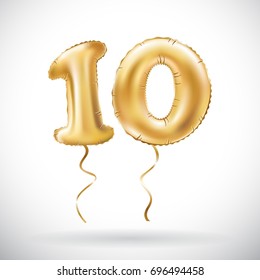 Vector Golden Number 10 Ten Metallic Balloon. Party Decoration Golden Balloons. Anniversary Sign For Happy Holiday, Celebration, Birthday, Carnival, New Year. Art