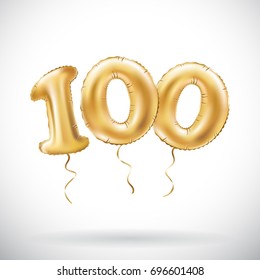 vector Golden number 100 hundred metallic balloon. Party decoration golden balloons. Anniversary sign for happy holiday, celebration, birthday, carnival, new year. art