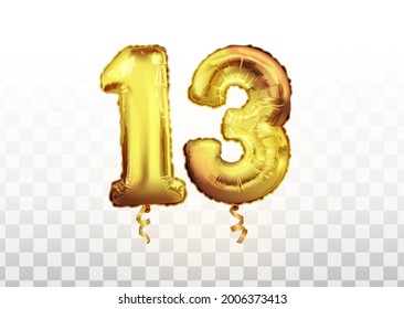 vector Golden number 13 thirteen made of inflatable balloon isolated on white background art. Celebrating of 13 th years birthday vector 3d illustration.