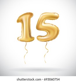 vector Golden number 15 fifteen metallic balloon. Party decoration golden balloons. Anniversary sign for happy holiday, celebration, birthday, carnival, new year. art