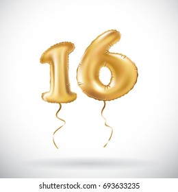 vector Golden number 16 sixteen metallic balloon. Party decoration golden balloons. Anniversary sign for happy holiday, celebration, birthday, carnival, new year. art