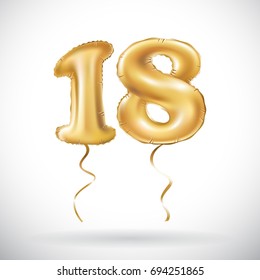 vector Golden number 18 eighteen metallic balloon. Party decoration golden balloons. Anniversary sign for happy holiday, celebration, birthday, carnival, new year. art