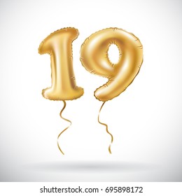 vector Golden number 19 nineteen metallic balloon. Party decoration golden balloons. Anniversary sign for happy holiday, celebration, birthday, carnival, new year. art