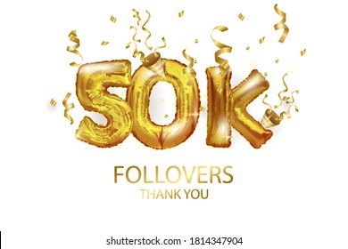 Vector Golden number 50 000 fifty thousand followers of the metal ball. Party decoration with 50-Karat gold balloons. Anniversary sign for a happy holiday, celebration, birthday, carnival, New year.