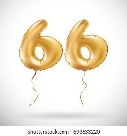 vector Golden number 66 sixty six metallic balloon. Party decoration golden balloons. Anniversary sign for happy holiday, celebration, birthday, carnival, new year. art